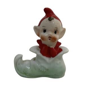 Mid Century Pixie Elf Ceramic Figurine Red Hat Coat Green Shoe Japan Christmas